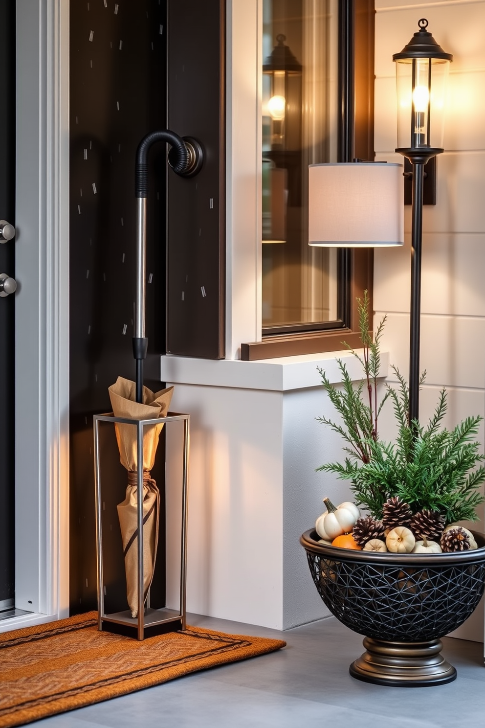 A stylish umbrella stand made of sleek metal with a modern design sits in the corner of the entryway. It features a geometric shape and is complemented by a small potted plant nearby, adding a touch of greenery to the space. The entryway is adorned with warm fall decor, including a cozy doormat and a decorative bowl filled with seasonal pinecones and small pumpkins. Soft lighting from a nearby lamp creates an inviting atmosphere, making it a perfect welcome for guests on rainy days.