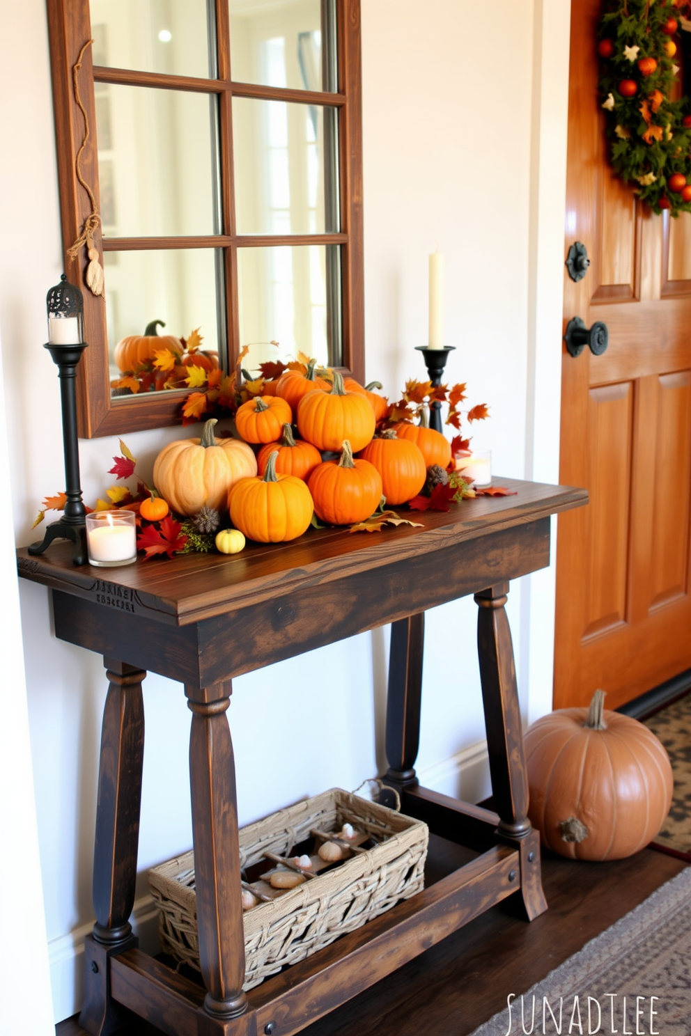 A charming entryway features a rustic wooden table adorned with a mini pumpkin centerpiece. Surrounding the pumpkins are autumn leaves and small candles that create a warm, inviting atmosphere.