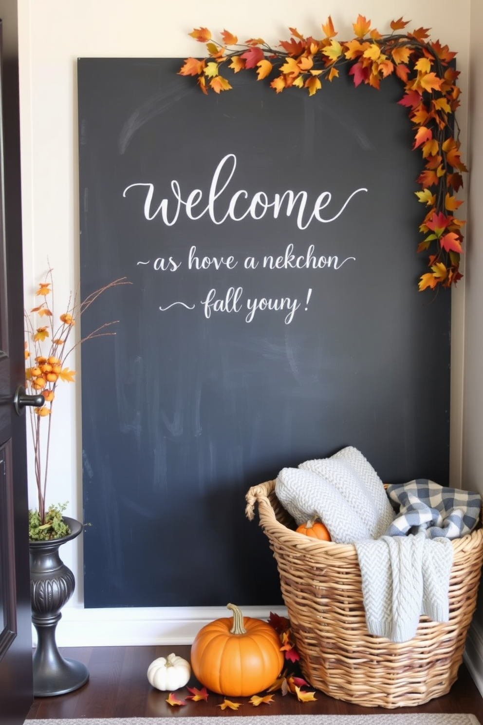 A charming fall entryway features a large chalkboard with a handwritten welcoming message in elegant script. Surrounding the chalkboard are seasonal decorations like mini pumpkins, colorful leaves, and a cozy woven basket filled with blankets.