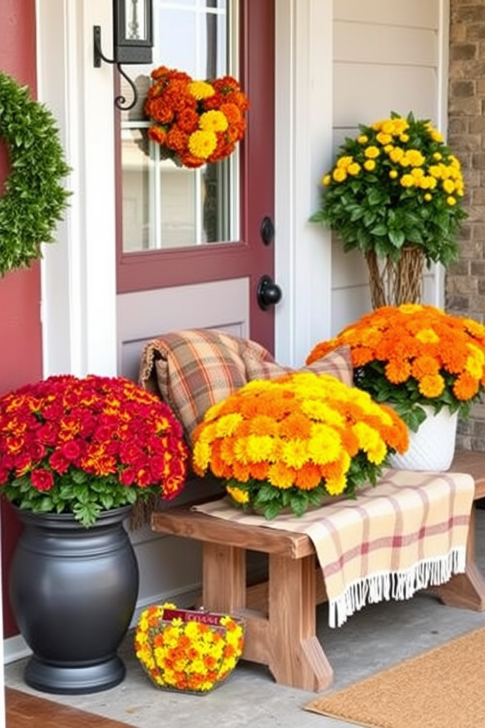 A cozy fall entryway adorned with potted mums in vibrant shades of orange yellow and burgundy. The entryway features a rustic wooden bench with a soft plaid throw draped over it and a welcome mat at the door.