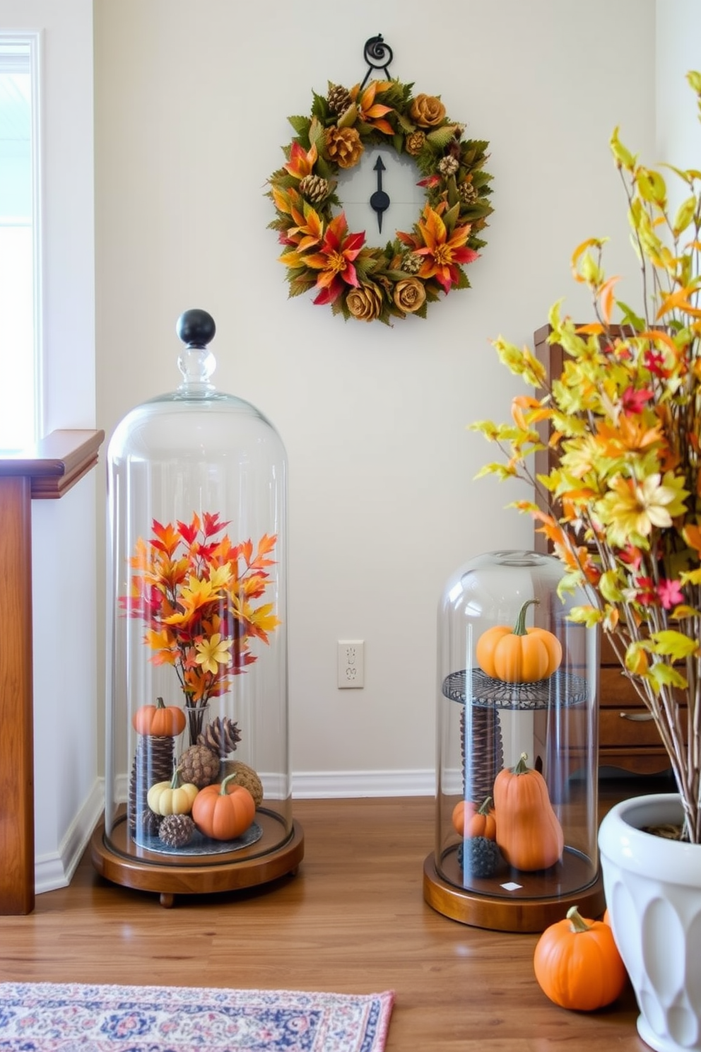 A warm and inviting entryway adorned with glass cloches displaying seasonal decor. The cloches are filled with colorful autumn leaves, small pumpkins, and pinecones, creating a cozy atmosphere.