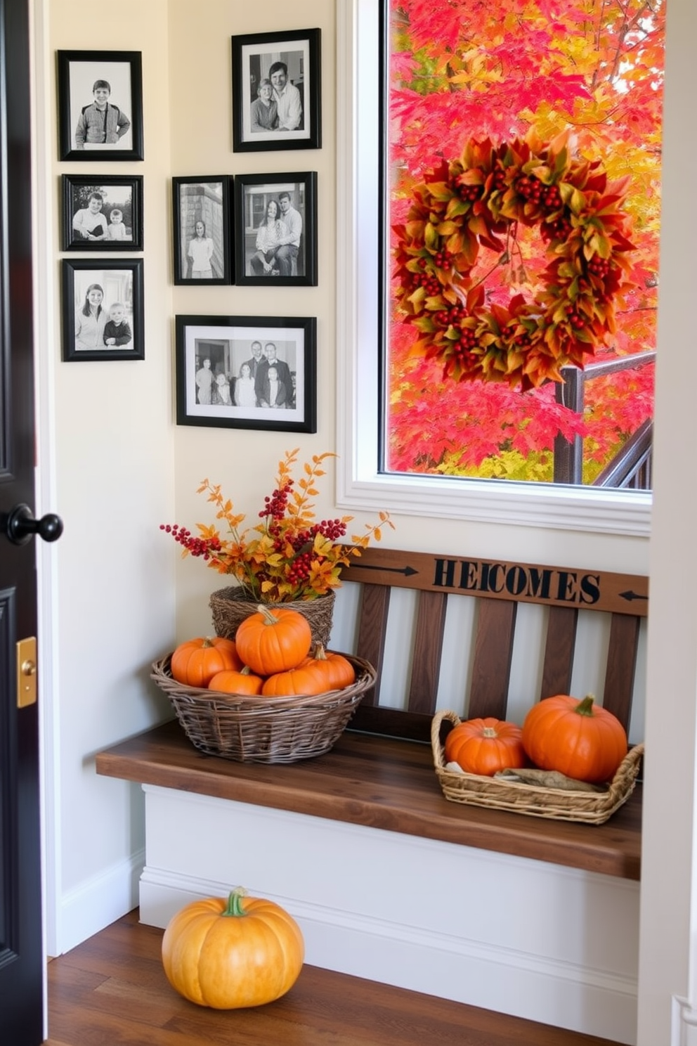 A cozy entryway adorned with framed family photos set against a backdrop of vibrant fall foliage. The space features a rustic wooden bench and a woven basket filled with pumpkins, creating a warm and inviting atmosphere. The walls are painted in a soft cream color, complementing the rich hues of autumn. A decorative wreath made of leaves and berries hangs on the door, welcoming guests into the seasonal charm.