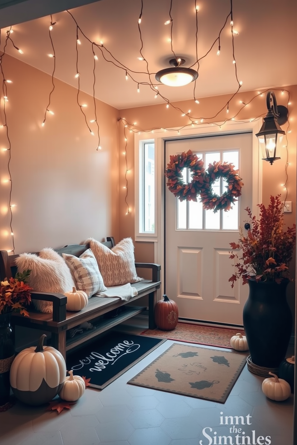 A warm and inviting entryway adorned with hanging string lights that create a cozy glow. The walls are painted in a soft beige, and a rustic wooden bench is placed against one side, decorated with plush throw pillows. Seasonal decor elements like pumpkins and autumn leaves are arranged on the bench and around the entryway. A welcome mat with a cheerful design sits at the door, inviting guests into the home.