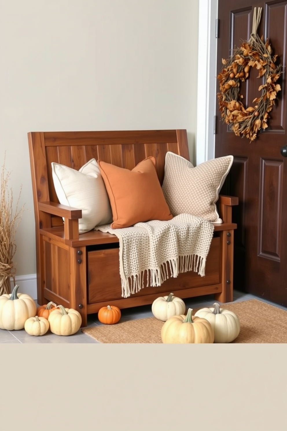 A rustic wooden bench serves as both seating and storage in a cozy fall entryway. The bench is adorned with soft, warm throw pillows and a knitted blanket, inviting guests to sit and relax. Surrounding the bench are autumn-themed decorations, including a collection of pumpkins in varying sizes and colors. A wreath made of dried leaves and twigs hangs on the door, enhancing the seasonal charm of the space.