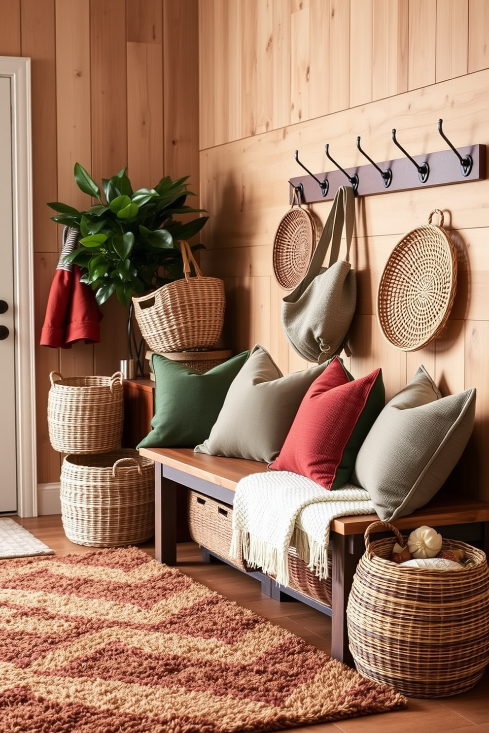 A warm and inviting entryway filled with layered textiles in earthy tones. A plush area rug in shades of brown and cream anchors the space, complemented by throw pillows in deep greens and rust hues on a wooden bench. The walls are adorned with natural wood paneling, creating a cozy backdrop for a collection of woven baskets. A large potted plant adds a touch of life, while a simple coat rack in a rustic finish provides functionality and style.