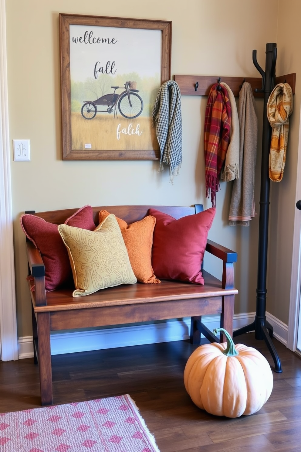 A welcoming fall entryway features a wooden bench adorned with an array of colorful cushions in warm autumn hues. To the side, a rustic coat rack holds seasonal scarves and hats, while a decorative pumpkin sits on the floor, adding a festive touch.