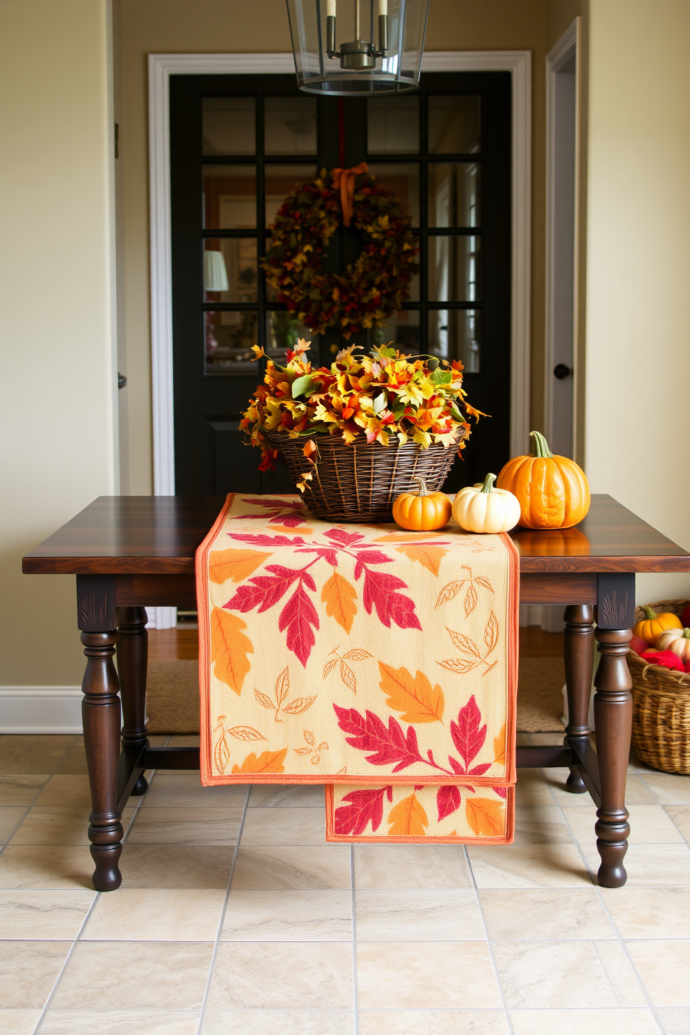 A warm and inviting entryway adorned with a seasonal table runner featuring intricate leaf patterns in rich autumn colors. The table is set against a backdrop of soft neutral walls, complemented by decorative pumpkins and a cozy woven basket filled with seasonal foliage.