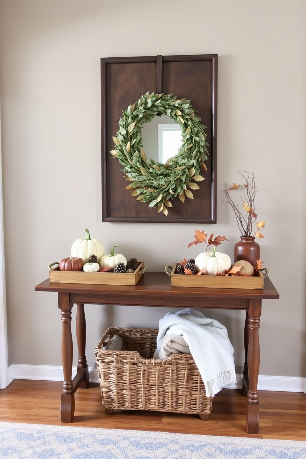 A cozy entryway adorned with decorative trays featuring seasonal accents. The trays are filled with pumpkins, pinecones, and autumn leaves, creating a warm and inviting atmosphere. The walls are painted in a soft taupe, complementing the rich wooden console table. A woven basket sits below the table, holding extra blankets for chilly fall evenings.