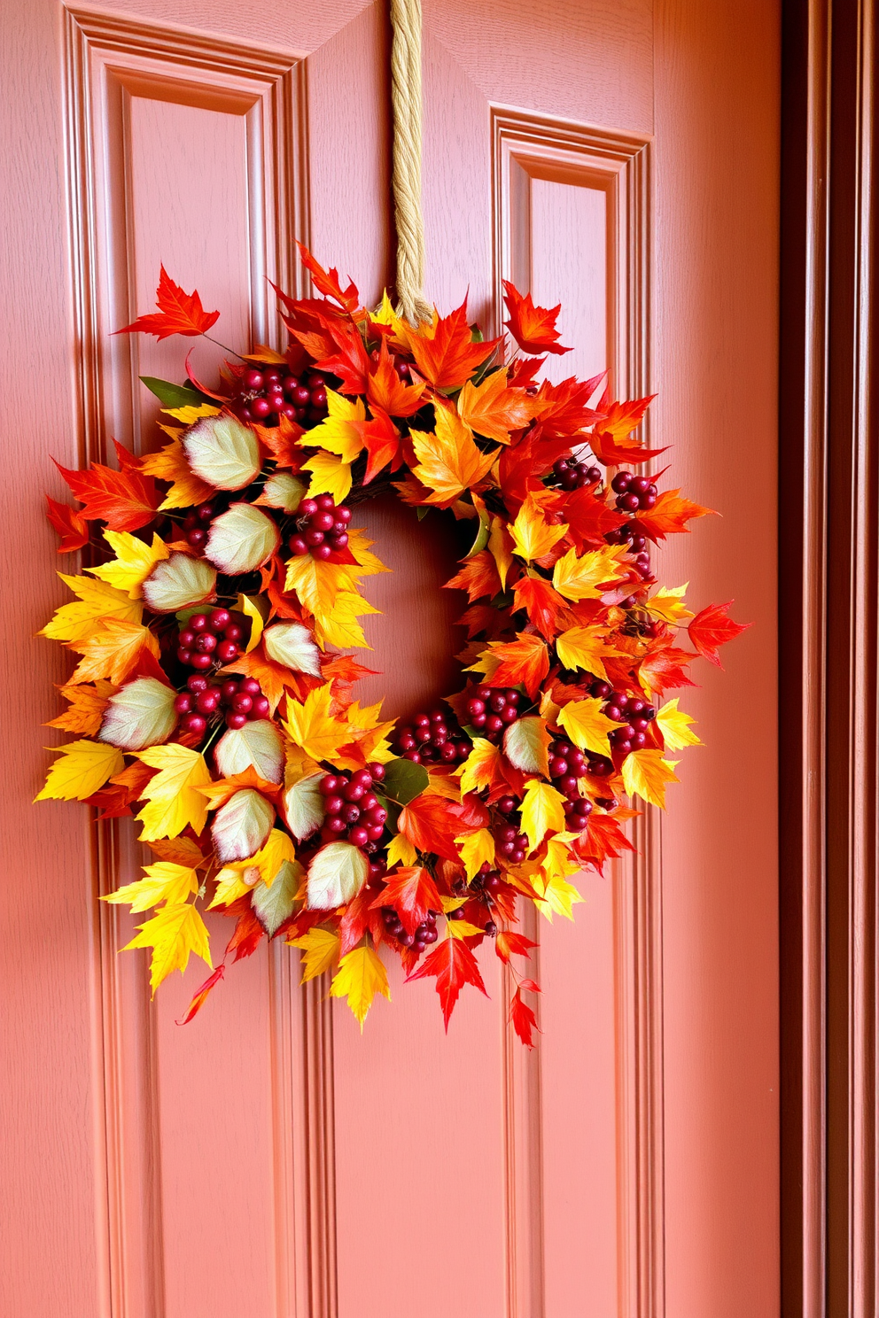 A warm and inviting entryway adorned with a wreath made of vibrant autumn leaves and clusters of berries. The rich colors of the foliage create a cozy atmosphere, welcoming guests with the essence of fall.