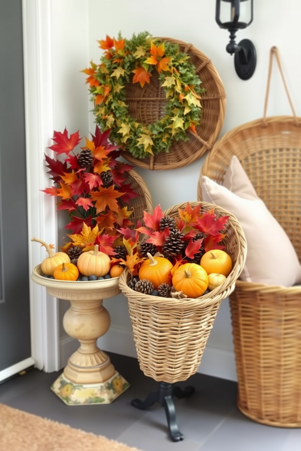 A charming entryway adorned with vintage baskets filled with seasonal items. The baskets are woven in natural fibers, showcasing an array of colorful autumn leaves, small pumpkins, and pinecones.