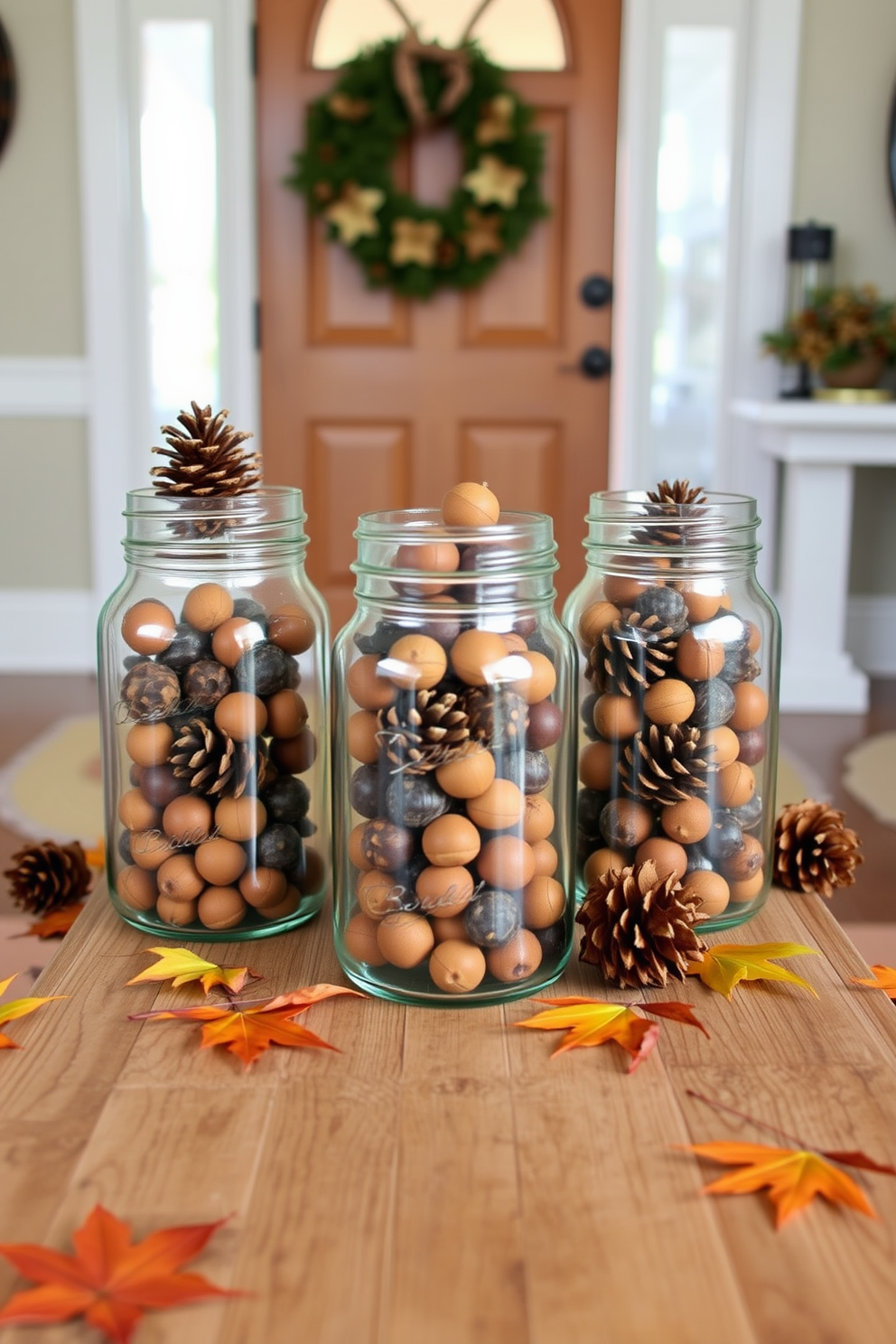 Mason jars filled with acorns and pinecones are arranged on a rustic wooden table in the entryway. The warm hues of autumn leaves are scattered around, creating a cozy and inviting atmosphere.