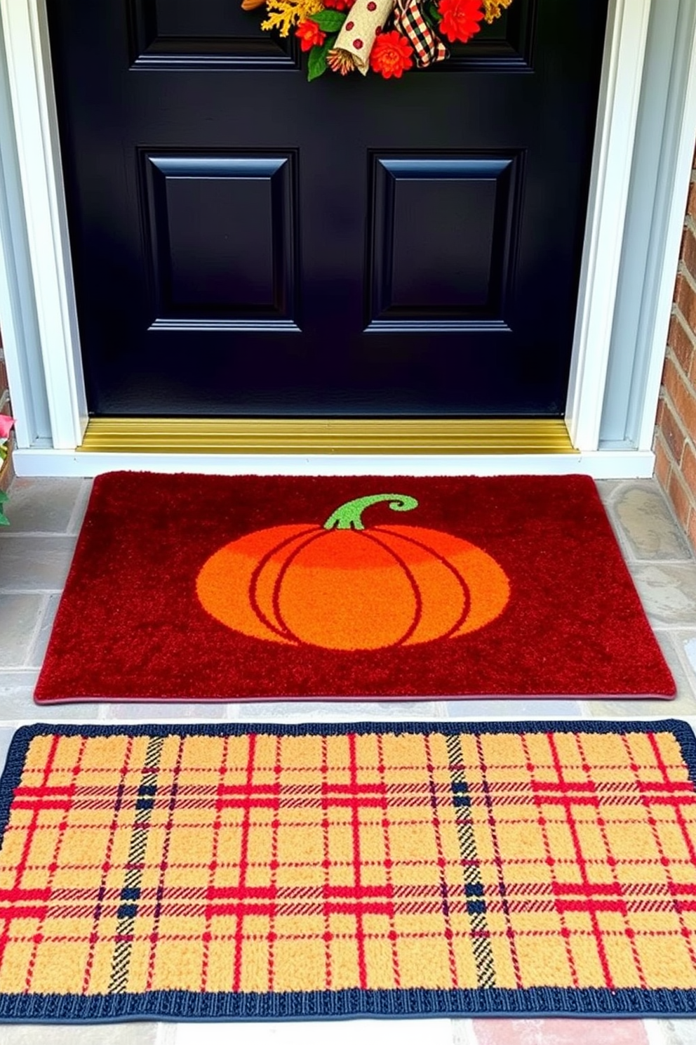 Layered doormats in rich fall colors create a warm and inviting entryway. The top mat features a vibrant pumpkin design, while the bottom mat is a subtle plaid pattern in earthy tones.