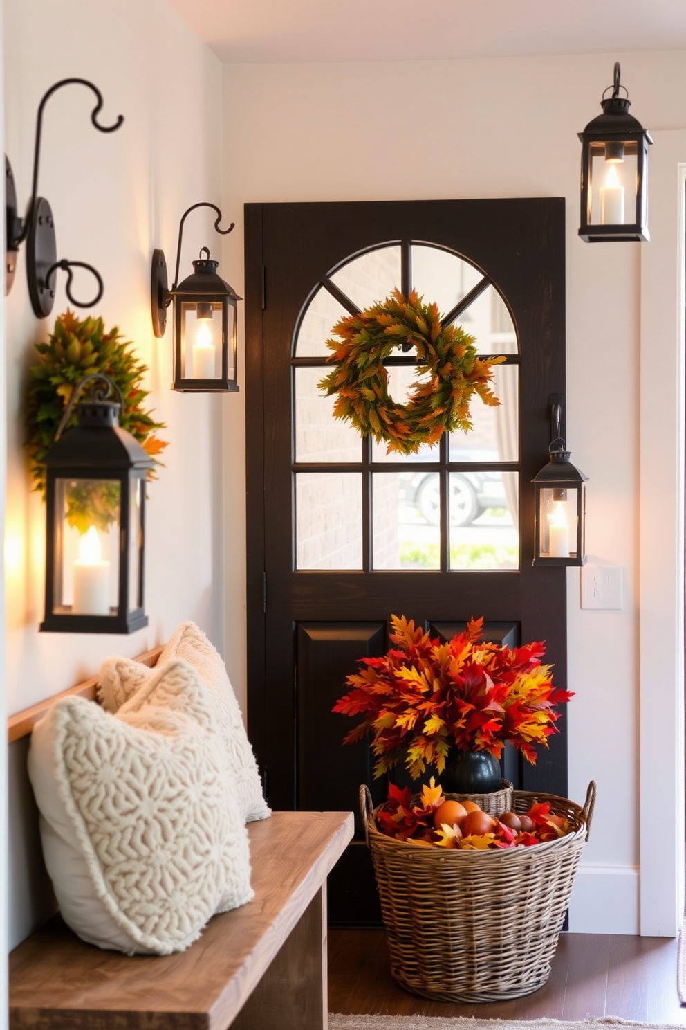 A cozy fall entryway adorned with vintage lanterns casting a warm glow. The space features a rustic wooden bench with plush cushions and a woven basket filled with colorful autumn leaves.