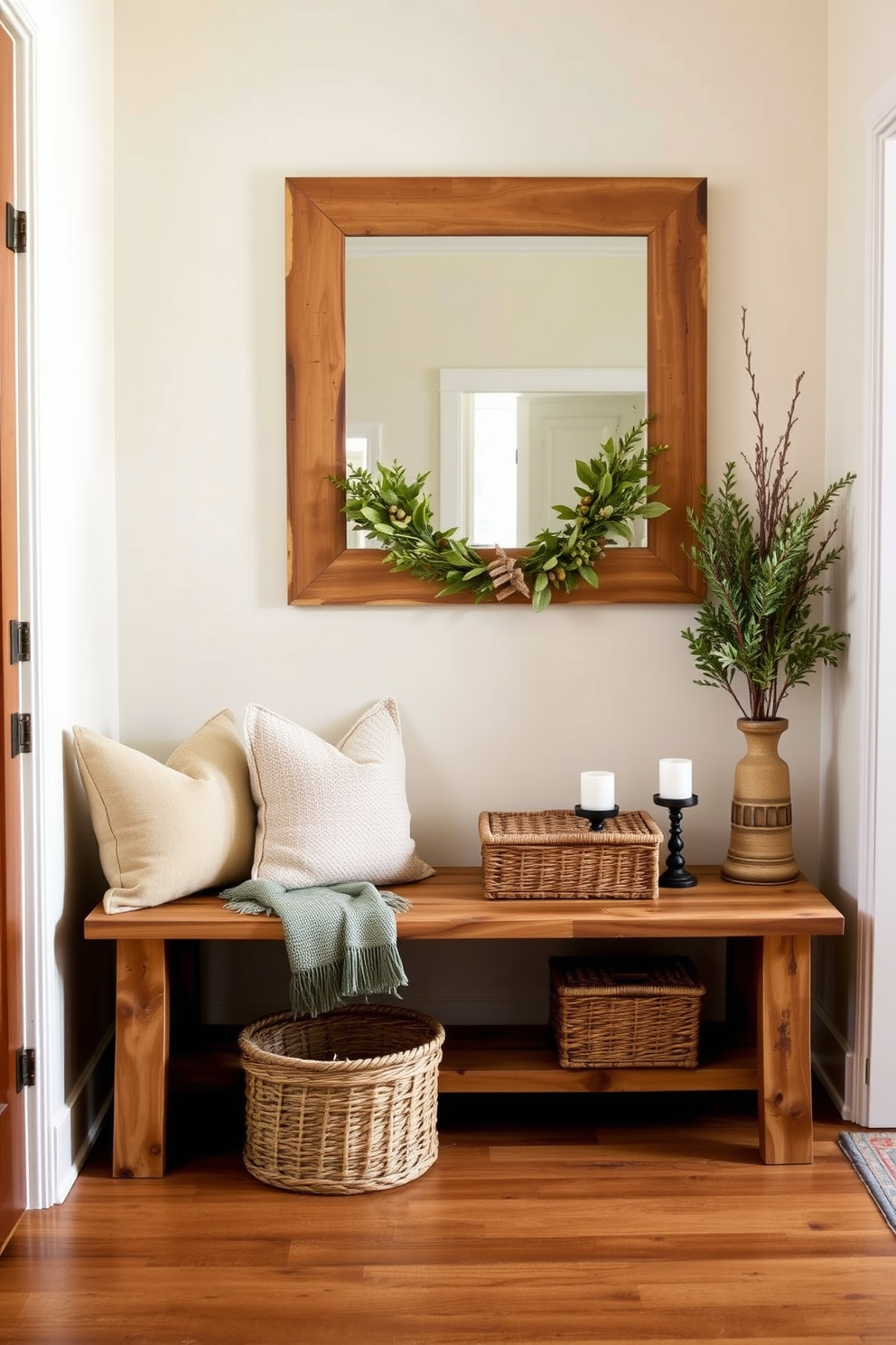 A warm and inviting entryway features natural wood elements that exude rustic charm. A reclaimed wood bench sits against the wall, adorned with cozy throw pillows and a woven basket for storage. The walls are painted in a soft cream color, complementing the rich tones of the wood. A large mirror with a distressed wooden frame hangs above a console table, decorated with seasonal greenery and a few carefully placed candles.