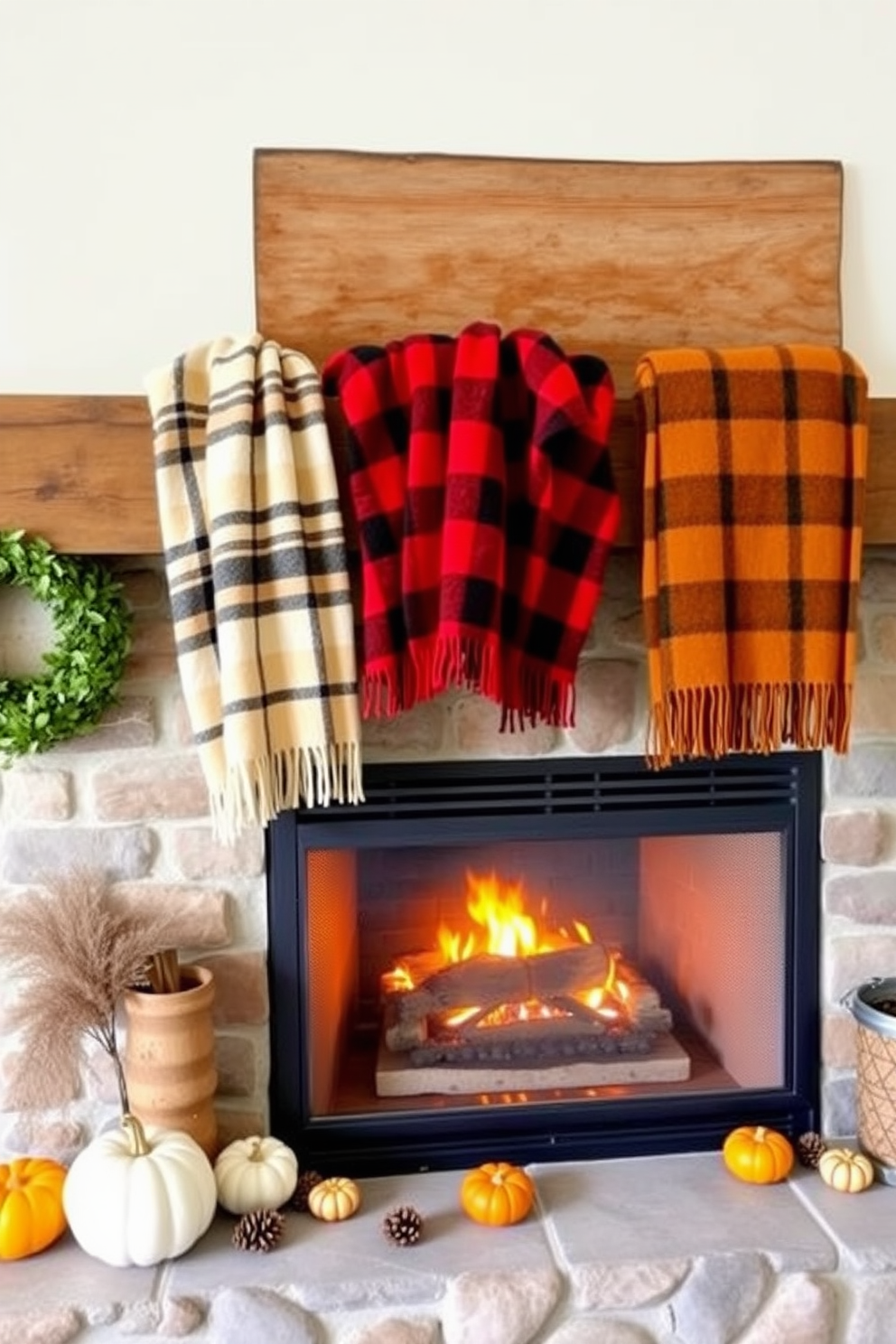 A warm and inviting fireplace setting with a rustic mantel adorned with cozy plaid blankets in rich autumn colors. The fireplace is surrounded by seasonal decorations like small pumpkins and pinecones, creating a perfect fall ambiance.