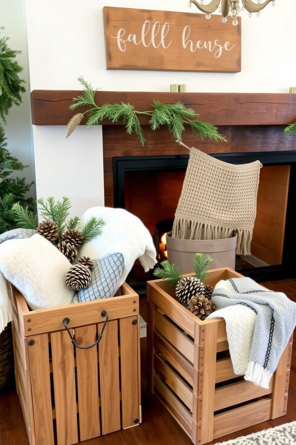 Rustic wooden crates are arranged as decorative accents in a cozy living room. They are filled with soft blankets and seasonal decorations, enhancing the warm atmosphere of the space. The fireplace is adorned with natural elements like pinecones and evergreen branches. Above the mantel, a rustic wooden sign adds a charming touch, completing the inviting fall decor.