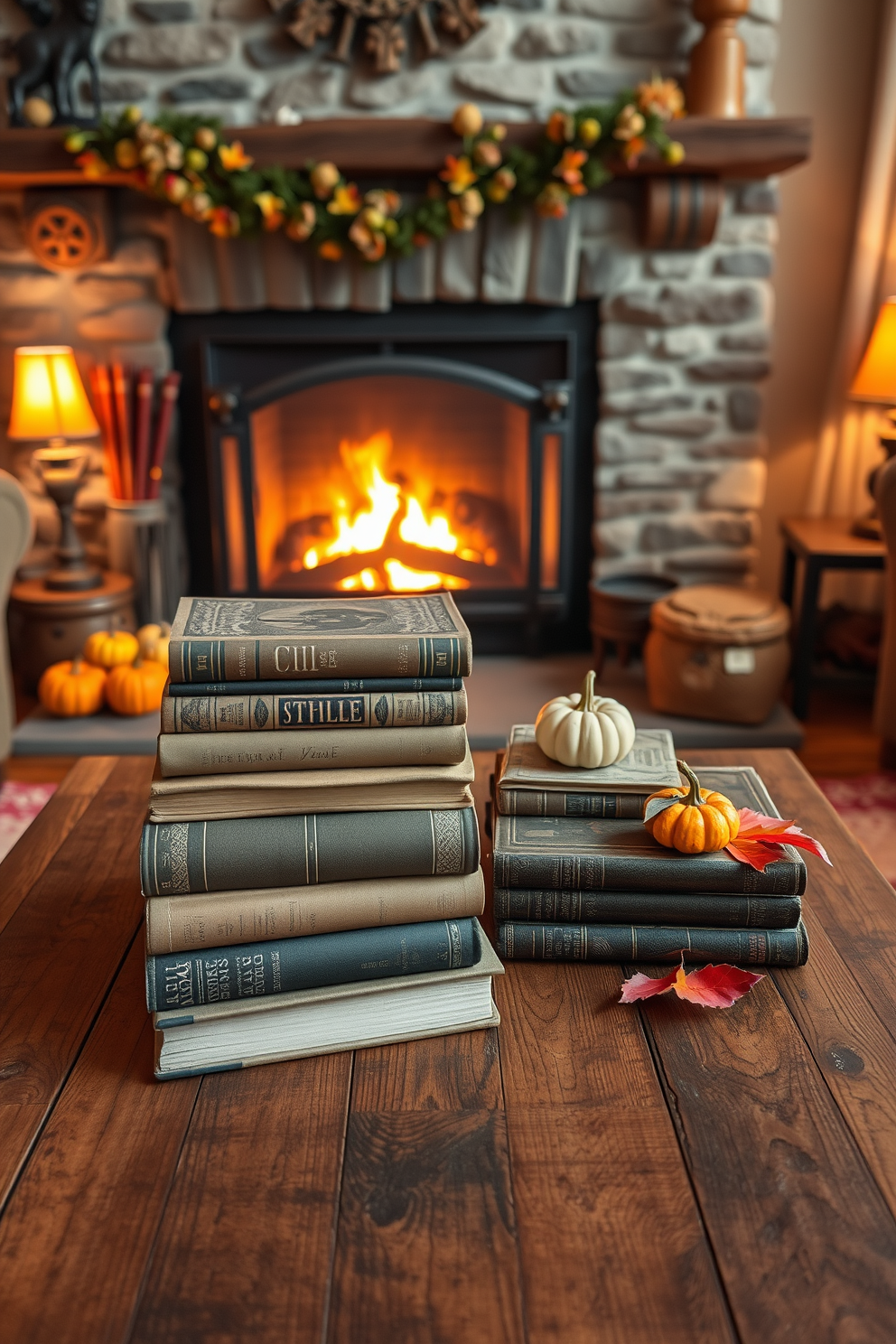 A cozy living room setting featuring vintage books stacked artfully on a rustic wooden coffee table. The warm glow of a crackling fireplace enhances the charm, surrounded by autumn-themed decorations like small pumpkins and colorful leaves.