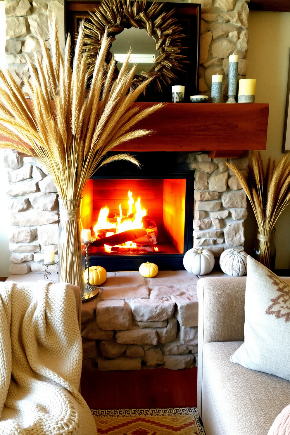 A cozy living room setting featuring a rustic fireplace adorned with a beautiful arrangement of dried wheat and grasses in elegant vases. The warm glow of the fire illuminates the space, creating an inviting atmosphere perfect for fall gatherings. The fireplace mantel is decorated with seasonal accents, including small pumpkins and candles that add a touch of autumn charm. Plush throw blankets and decorative pillows in earthy tones complete the inviting decor, making the room a perfect retreat during the cooler months.