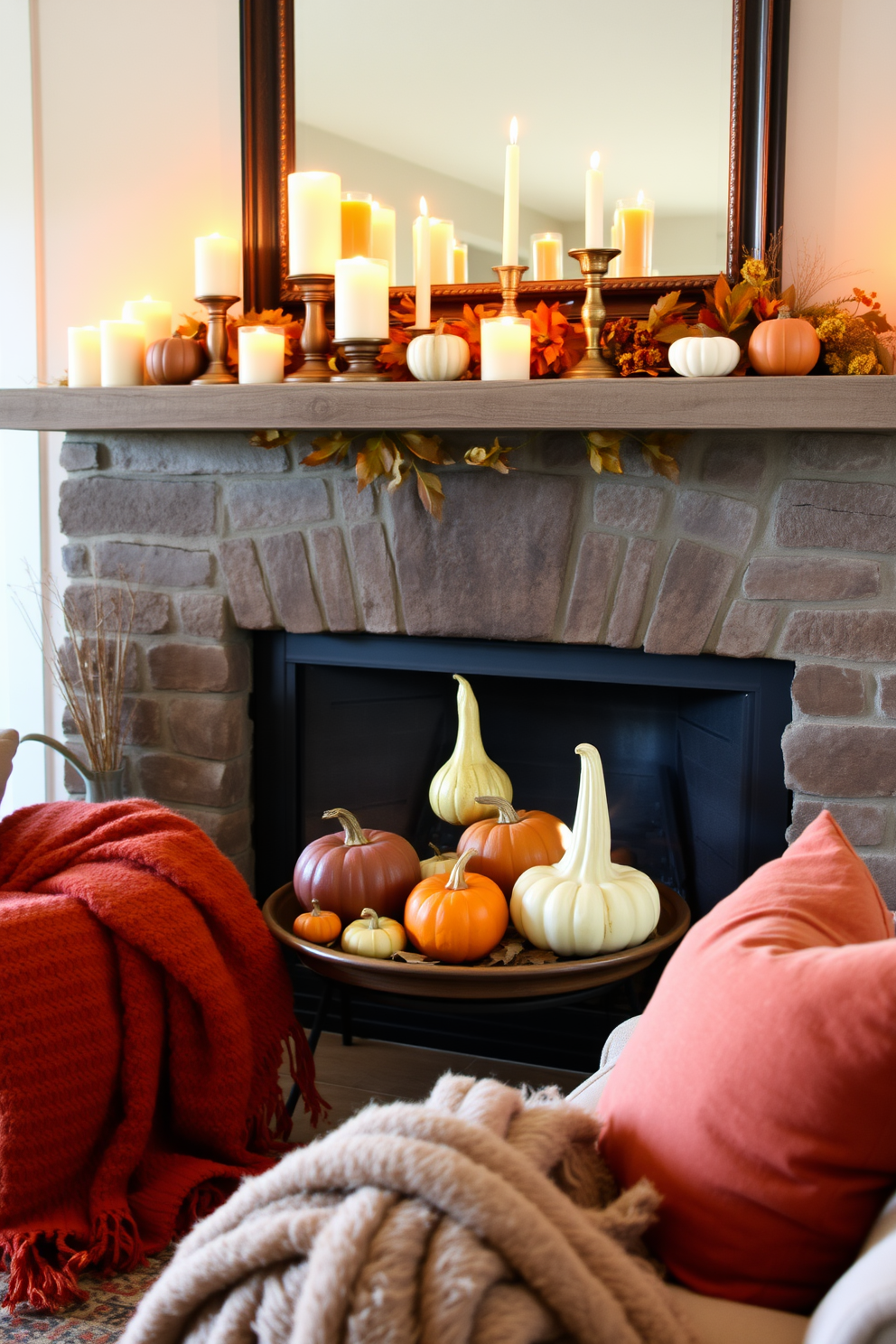 A cozy living room setting featuring a rustic fireplace adorned with colorful gourds of various shapes and sizes. Surrounding the gourds, an assortment of elegant candles in varying heights adds a warm glow to the space. The fireplace mantel is decorated with autumn foliage and small decorative pumpkins, enhancing the seasonal theme. Plush blankets and pillows in rich autumn colors invite guests to relax and enjoy the ambiance.