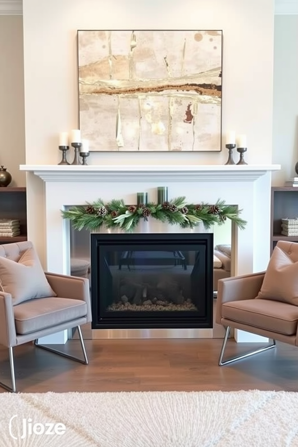 A cozy living room featuring a contemporary fireplace with a sleek metallic surround. The mantel is adorned with seasonal decorations including pinecones, candles, and a garland of greenery. The fireplace is flanked by two modern armchairs with metallic legs and plush cushions. Above the mantel, a large abstract artwork with metallic accents adds a touch of sophistication to the space.