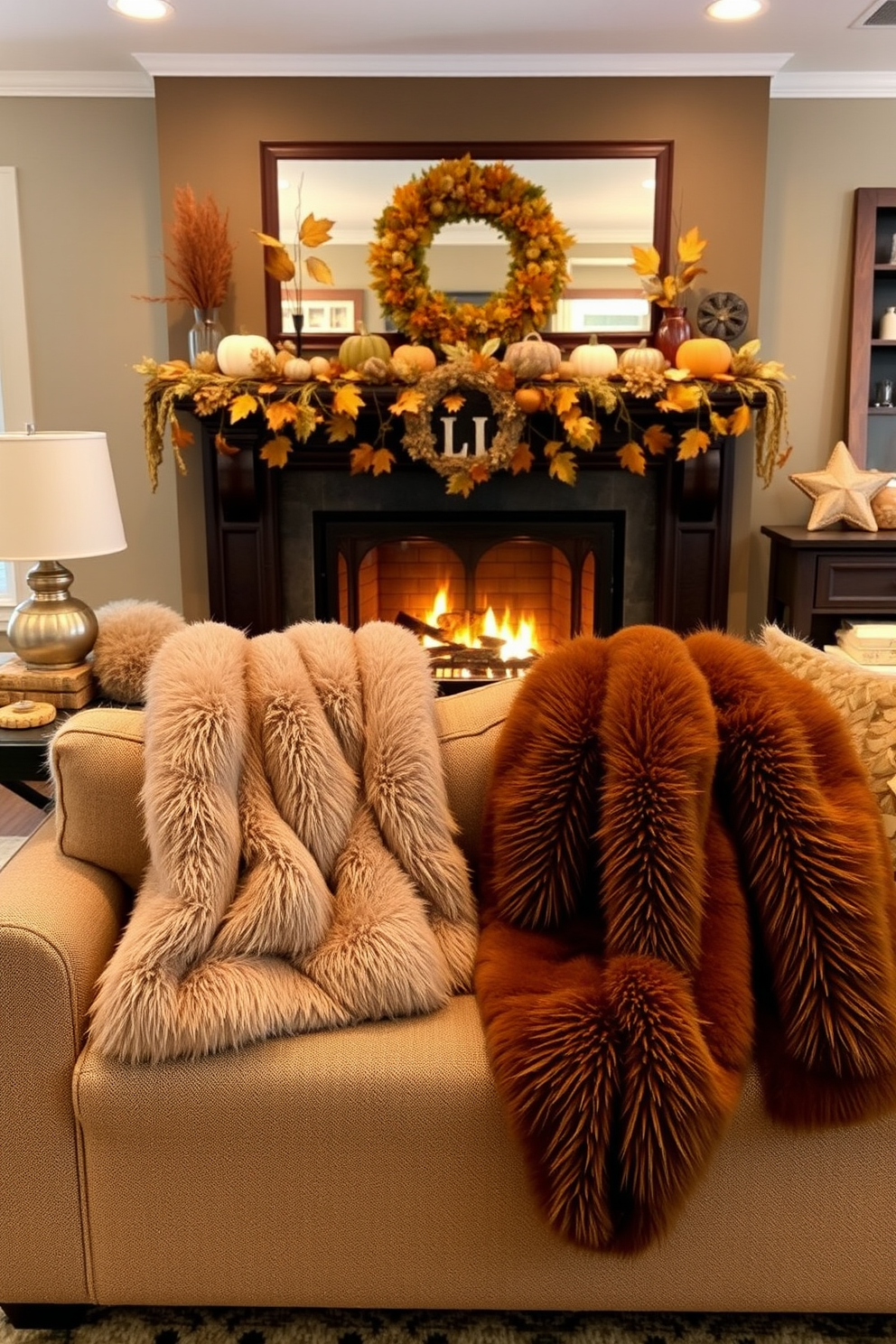 A cozy living room adorned with faux fur throws draped over a plush sofa. The warm, inviting atmosphere is enhanced by a beautifully decorated fireplace, featuring seasonal fall-themed accents like pumpkins and autumn leaves.