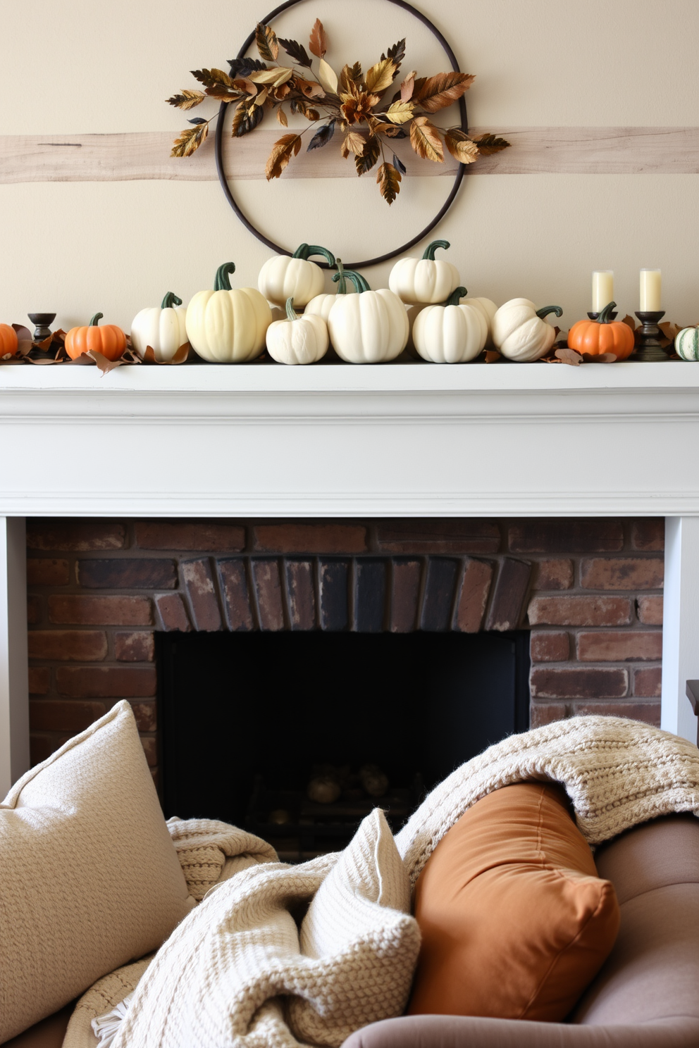 A cozy living room setting with a rustic fireplace as the focal point. The fireplace is adorned with clusters of ceramic and glass pumpkins in various sizes and colors, creating a warm autumn ambiance. On the mantel, seasonal decorations like dried leaves and small candles complement the pumpkin arrangement. Plush throw blankets and pillows in earthy tones are scattered on a comfortable sofa, inviting relaxation.