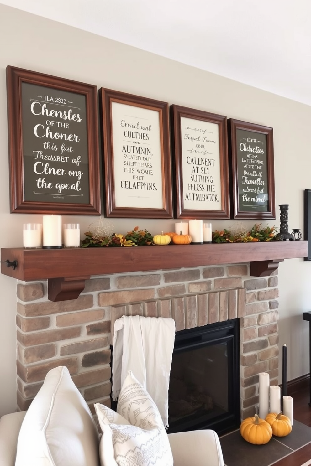 A cozy living room features a rustic mantel adorned with seasonal quotes framed in elegant wooden frames. The mantel is decorated with autumn-themed accents, including small pumpkins and warm-toned candles, creating a welcoming atmosphere around the fireplace.