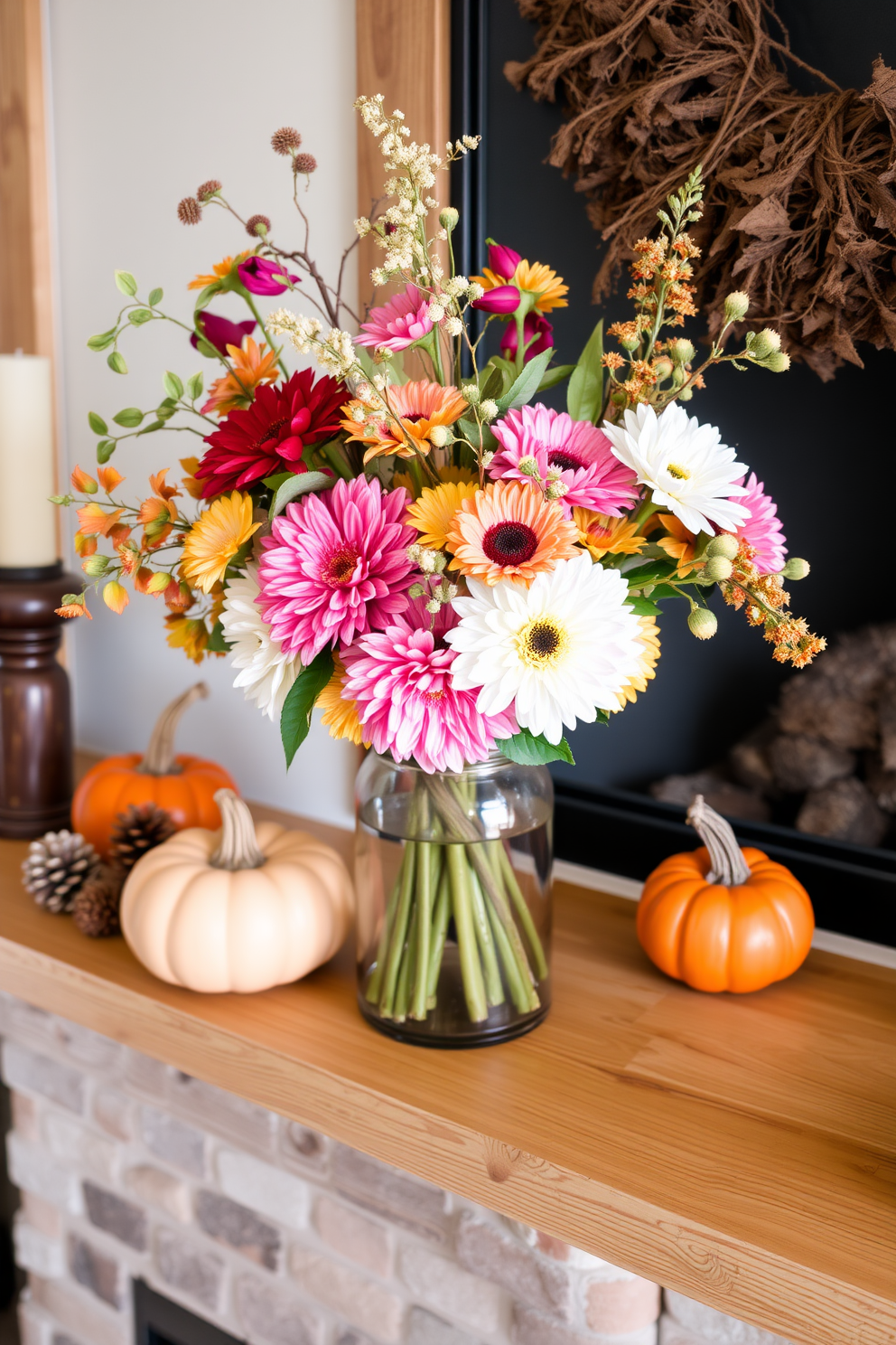 Fresh flowers in autumn hues displayed in a rustic vase sit atop a wooden mantel. The fireplace is adorned with seasonal decorations including pumpkins and pinecones, creating a warm and inviting atmosphere.