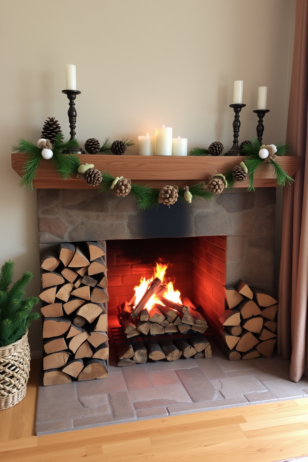 A warm and inviting hearth adorned with neatly stacked firewood creates a focal point in the room. The fireplace is elegantly decorated with seasonal accents, including pinecones and candles, enhancing the cozy atmosphere.