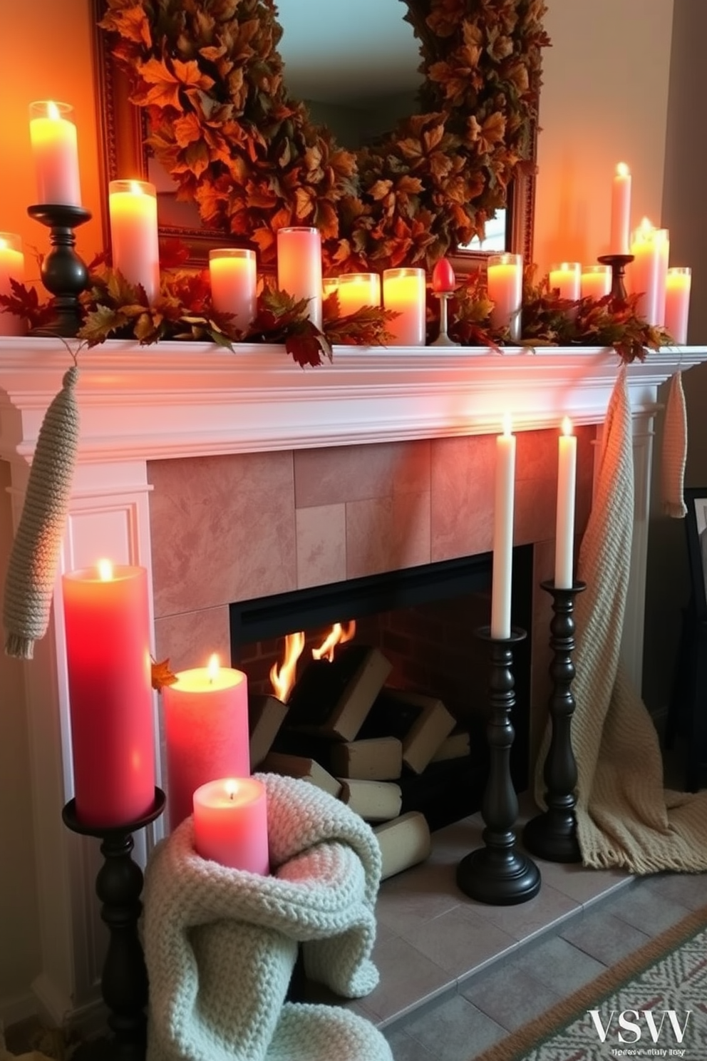 Warm candle arrangements in varied heights create a cozy atmosphere around the fireplace. The flickering glow of the candles complements the warm tones of the surrounding decor. Fall fireplace decorating ideas feature an array of autumn leaves and seasonal accents. Plush blankets draped over the mantel enhance the inviting feel of the space.