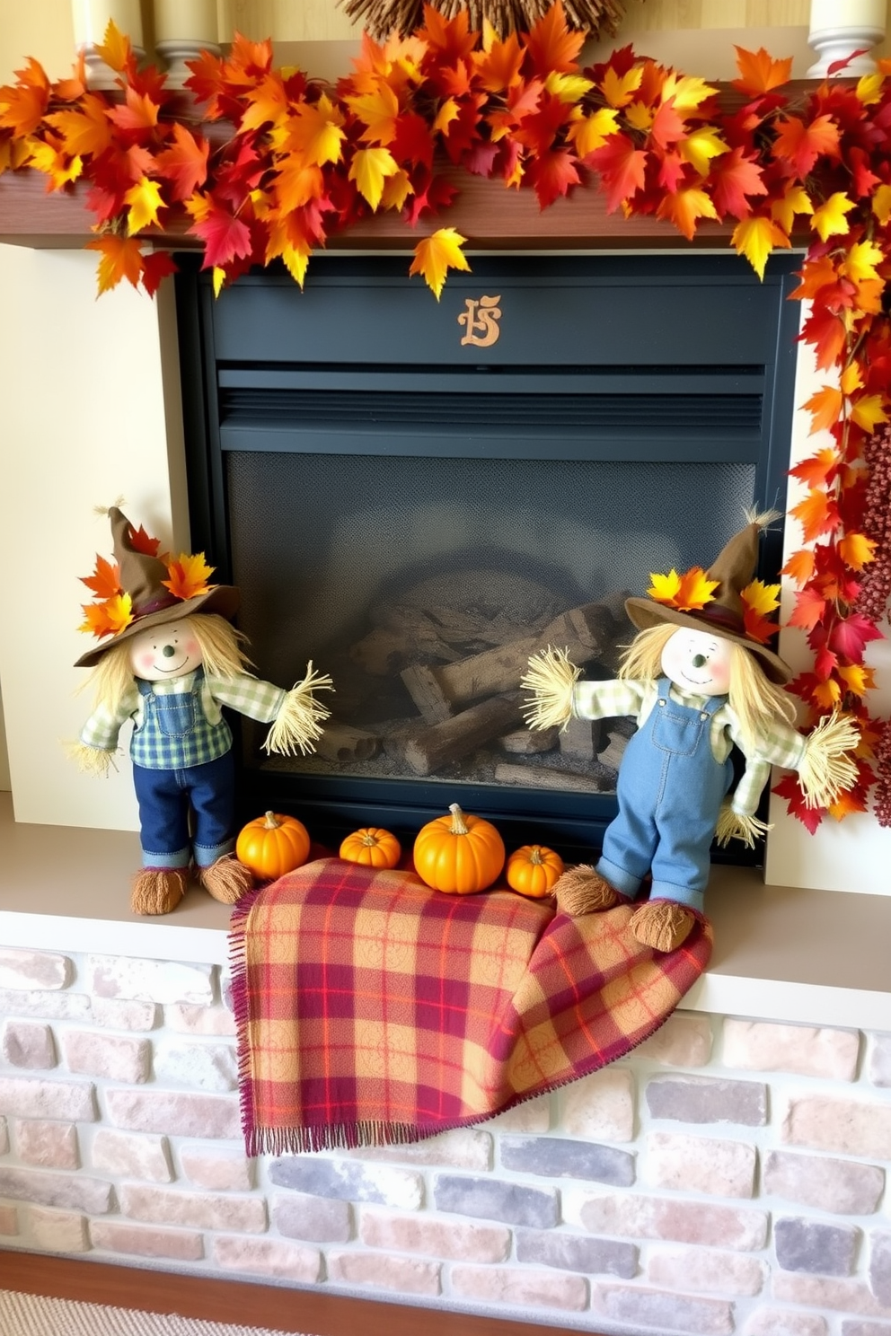 Charming scarecrows positioned on the sides of a cozy fireplace create a whimsical autumn atmosphere. The fireplace is adorned with vibrant fall leaves, mini pumpkins, and a warm plaid blanket draped over the mantel.