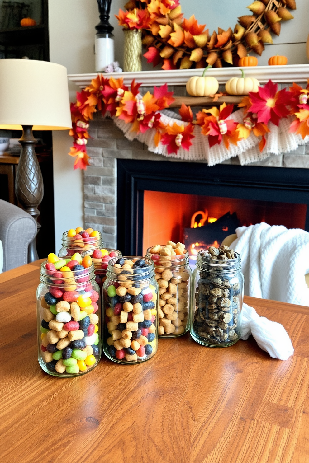 Mason jars filled with seasonal treats are arranged on a rustic wooden table, showcasing a variety of colorful candies and dried fruits. Soft, warm lighting from a nearby lamp creates a cozy atmosphere, enhancing the inviting display. The fireplace is adorned with autumn-themed decorations, featuring a garland of vibrant leaves and small pumpkins. A plush throw blanket drapes over the mantle, adding warmth and comfort to the overall design.