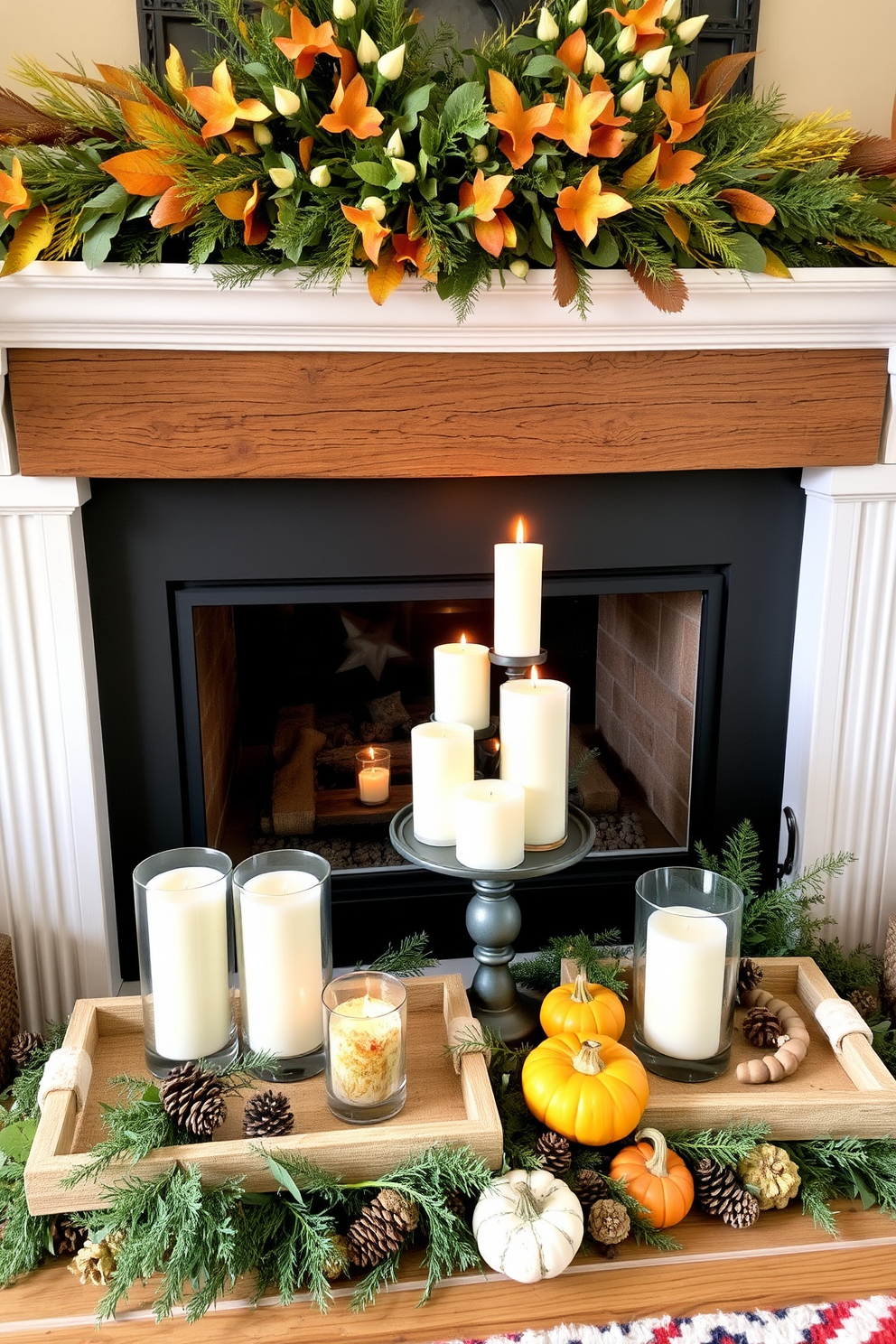 A cozy fall fireplace setting adorned with decorative trays featuring an assortment of candles in varying heights. Lush greenery and seasonal accents like pinecones and small pumpkins are artfully arranged around the fireplace to enhance the autumn ambiance.