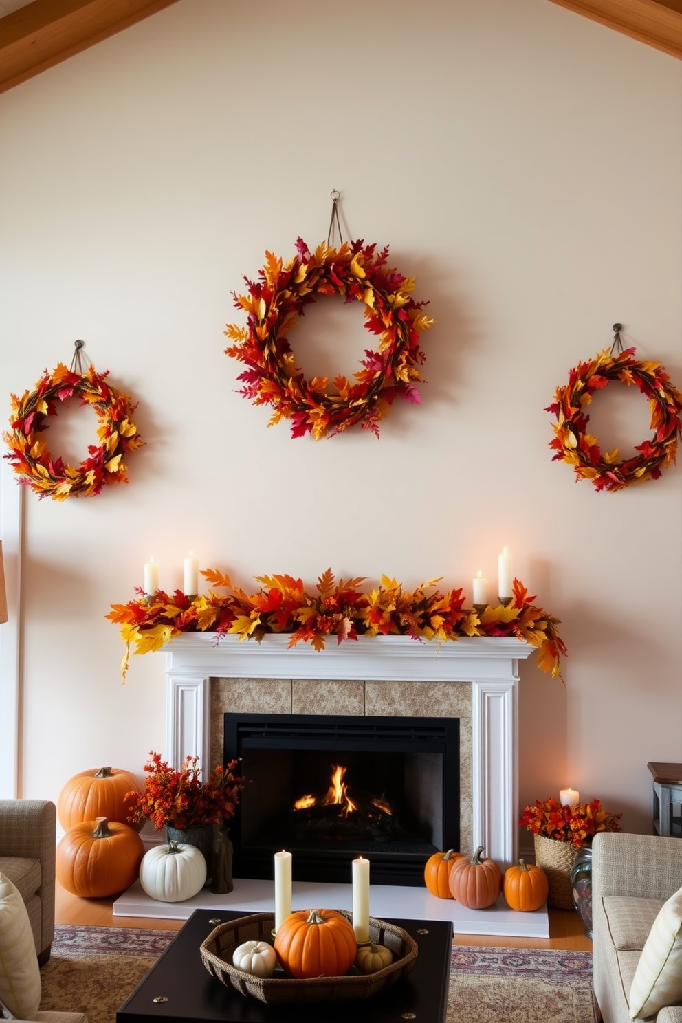 A cozy living room adorned with hanging wreaths made of vibrant fall foliage. The wreaths, rich in oranges, reds, and yellows, are elegantly displayed on the walls, complementing the warm hues of the room. A beautifully decorated fireplace serves as the focal point of the space. Surrounding the fireplace are rustic elements like pumpkins and candles, creating a welcoming atmosphere for the autumn season.