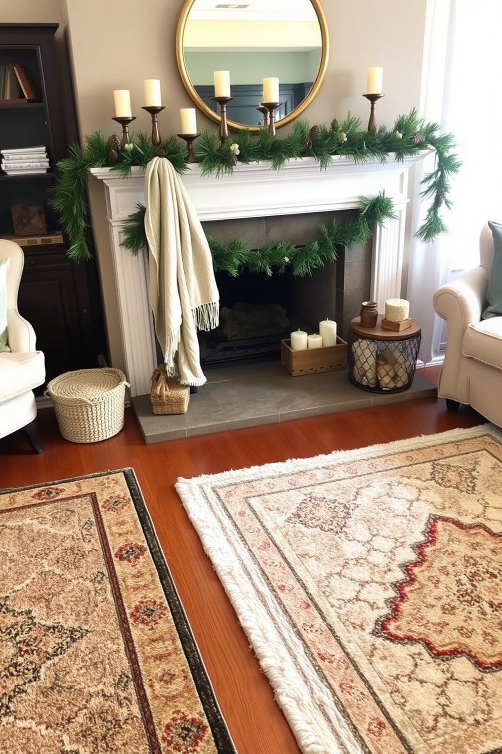 A cozy living room features layered rugs in various textures and colors, creating a warm and inviting atmosphere. The rugs are artfully arranged beneath a plush sofa, enhancing the room's comfort and style. The fireplace is adorned with seasonal decorations, including elegant candle holders and a garland of pinecones and greenery. A soft throw blanket drapes over the mantel, adding a touch of warmth to the fall decor.