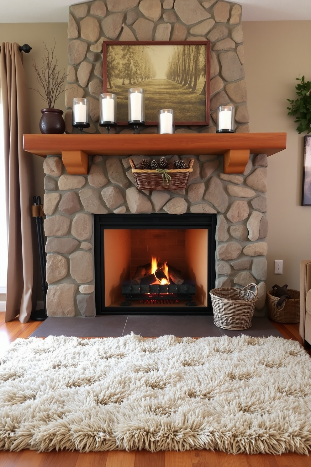 A cozy living room adorned with earthy tones creates a warm and inviting atmosphere. The fireplace is the focal point, surrounded by natural stone and complemented by a rustic wooden mantel. On the mantel, there are decorative elements such as candles in varying heights and a woven basket filled with pinecones. A plush, neutral-toned rug lies in front of the fireplace, enhancing the comfort of the space while tying the color palette together.