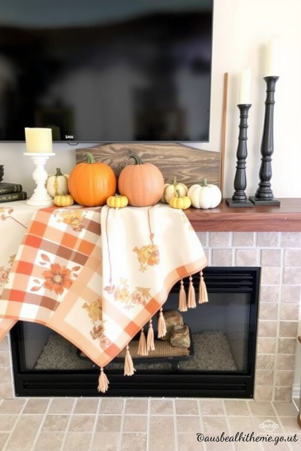 A cozy fall fireplace setting adorned with seasonal table runners draped elegantly across the mantel. The runners feature warm autumn colors and patterns, complemented by decorative pumpkins and candles arranged thoughtfully on top.