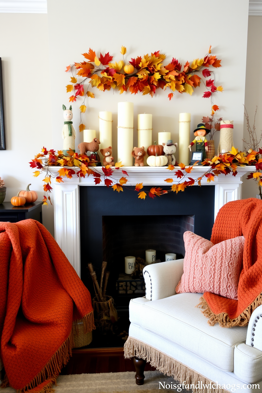 A cozy living room adorned with autumn themed figurines and decorations. The fireplace is elegantly decorated with a garland of colorful leaves and small pumpkins, creating a warm and inviting atmosphere. On the mantel, charming figurines of woodland creatures and scarecrows are placed among candles of varying heights. Soft, textured throws in shades of orange and brown are draped over the nearby armchair, enhancing the seasonal charm.