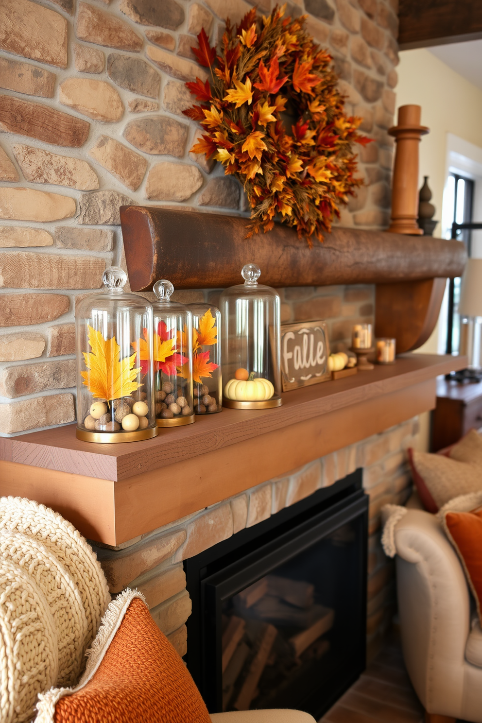 A cozy living room featuring a rustic fireplace adorned with autumn-themed decorations. Glass cloches sit on the mantel, showcasing vibrant seasonal elements like colorful leaves, mini pumpkins, and acorns, creating a warm and inviting atmosphere. The fireplace itself is surrounded by a stack of firewood, adding to the rustic charm. Soft, plush throws and decorative pillows in warm hues are arranged on a nearby sofa, inviting relaxation and comfort during the fall season.