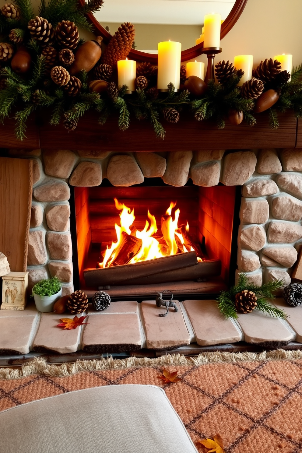 A cozy fireplace setting adorned with natural elements. Pinecones and acorns are artfully arranged on the mantel, complemented by warm, flickering candlelight. The fireplace itself is surrounded by rustic wooden accents and a soft, textured rug. A few green sprigs and autumn leaves add a touch of seasonal charm to the decor.