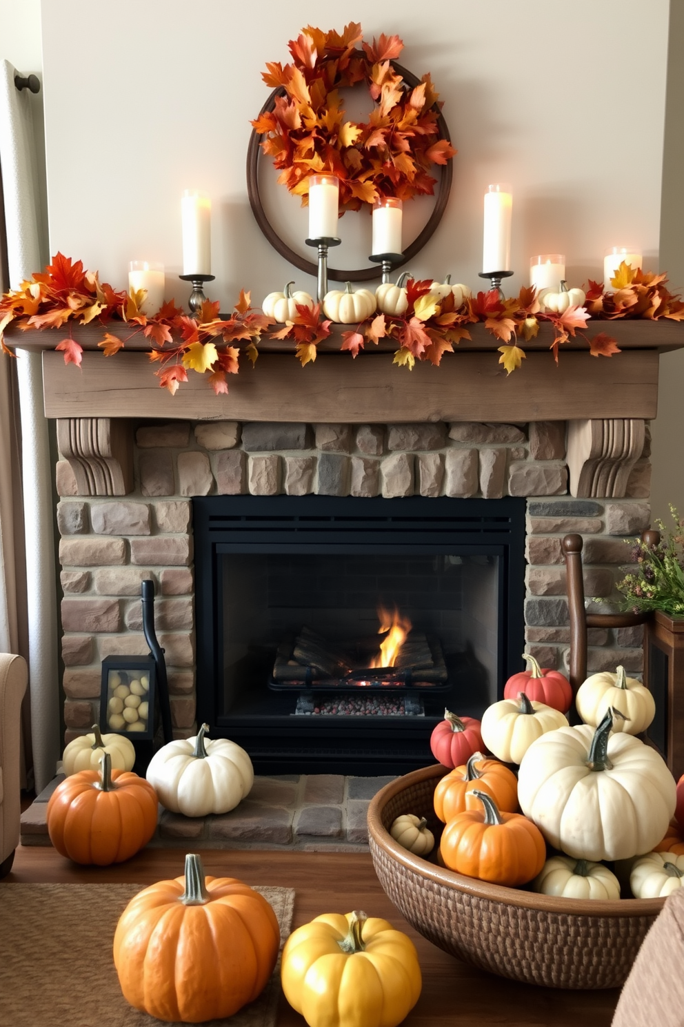 A cozy living room featuring a rustic fireplace adorned with mini pumpkins in assorted colors. The mantel is decorated with autumn leaves and candles, creating a warm and inviting atmosphere.