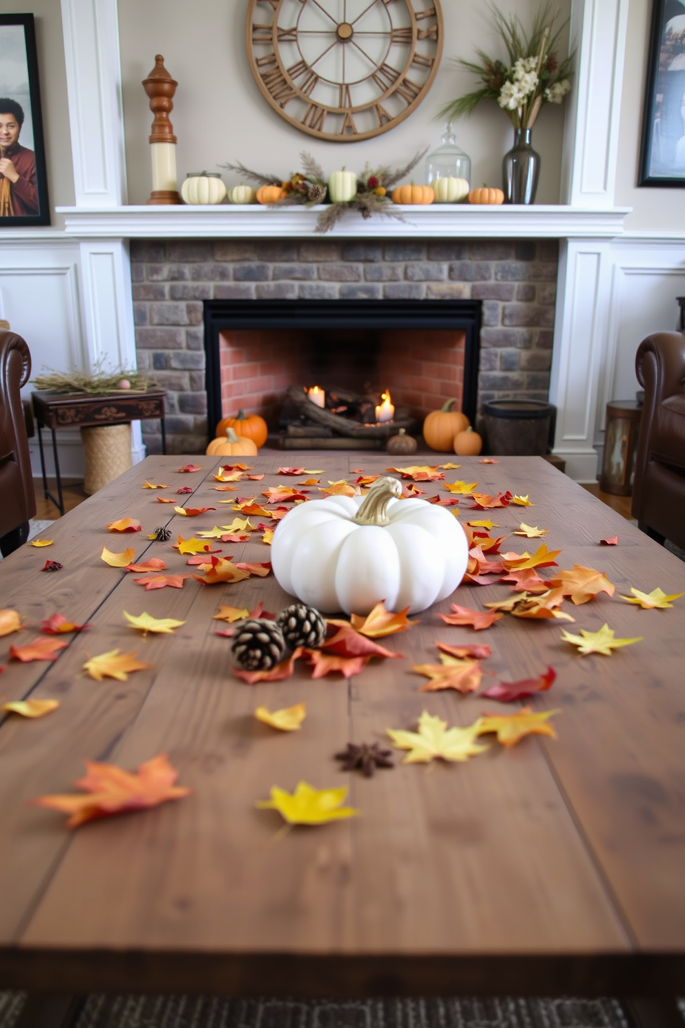 A cozy living room setting adorned with autumn leaves scattered across a rustic wooden coffee table. The fireplace is elegantly decorated with a mix of pumpkins and pinecones, creating a warm and inviting atmosphere.