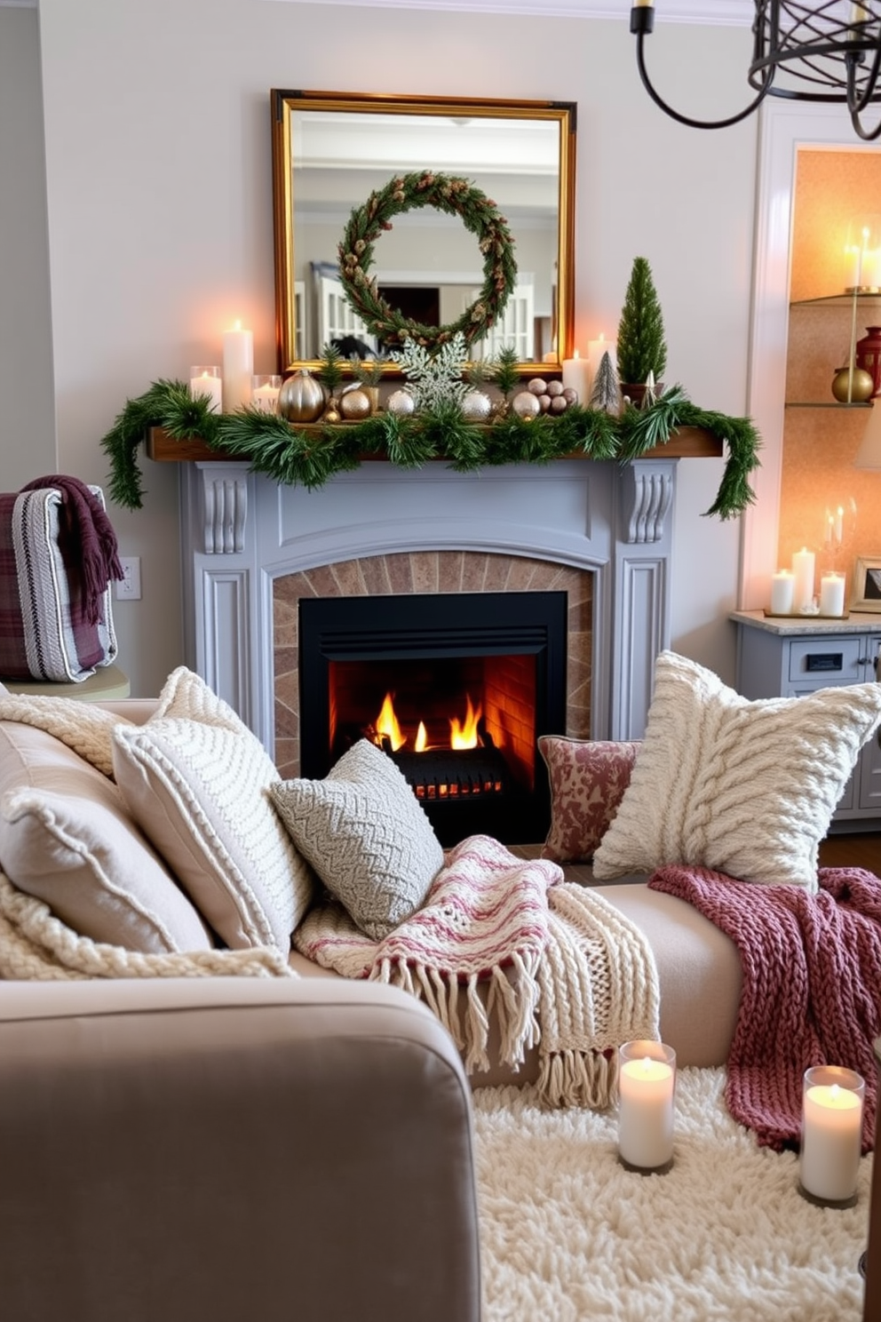 A cozy living room featuring a warm fireplace as the focal point. The mantel is adorned with seasonal decorations, and a collection of knitted throws and pillows in various textures is arranged on a plush sofa. The floor is covered with a soft area rug that complements the color palette. Flickering candlelight adds a touch of warmth, creating an inviting atmosphere perfect for relaxation.