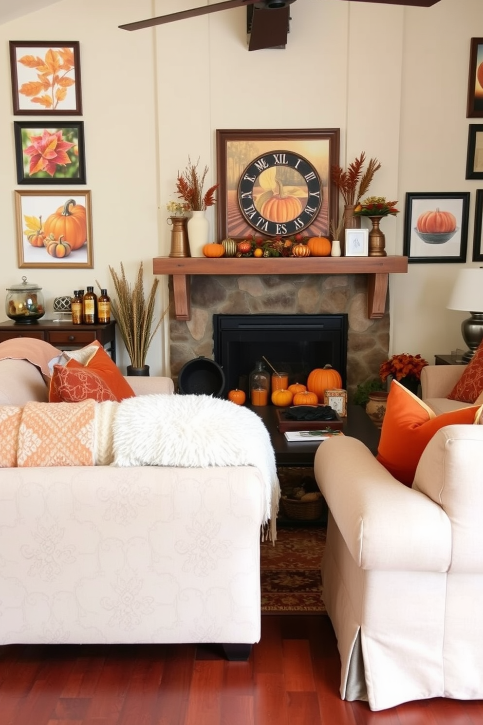 A cozy living room adorned with seasonal artwork featuring fall themes. The walls are decorated with framed prints of autumn leaves and pumpkins, creating a warm and inviting atmosphere. A rustic fireplace serves as the focal point of the room, decorated with an array of fall-themed accents. Plush throws and decorative pillows in rich oranges and browns are arranged on the seating, enhancing the seasonal charm.