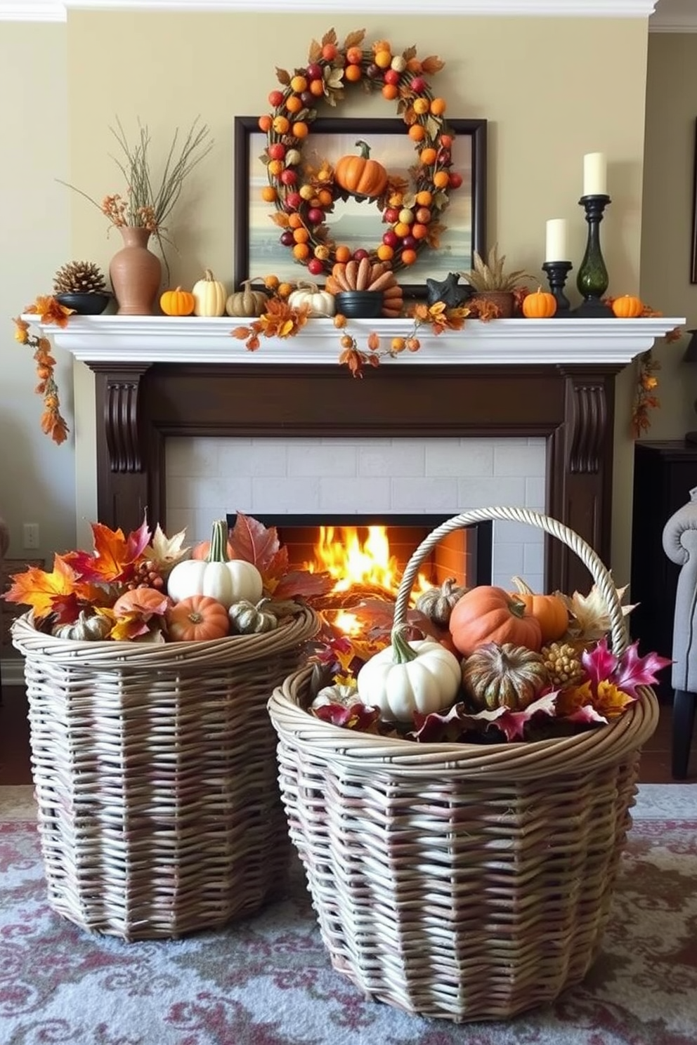 A cozy living room setting featuring a warm fireplace adorned with autumn-themed decorations. Woven baskets filled with seasonal goodies like pumpkins, gourds, and colorful leaves are strategically placed around the room to enhance the fall ambiance.