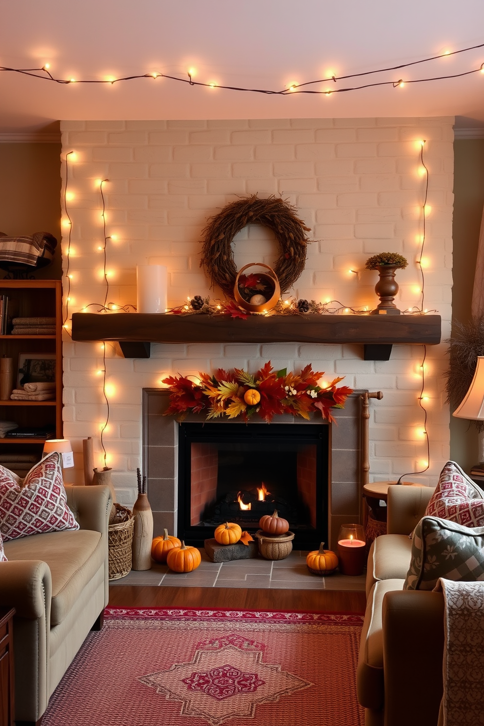 A cozy living room setting adorned with string lights that create a warm and inviting glow. The soft illumination enhances the rustic charm of the space, highlighting the comfortable seating and wooden accents. A beautifully decorated fireplace serves as the focal point of the room. It is adorned with seasonal decorations, including autumn leaves and small pumpkins, creating a perfect fall ambiance.