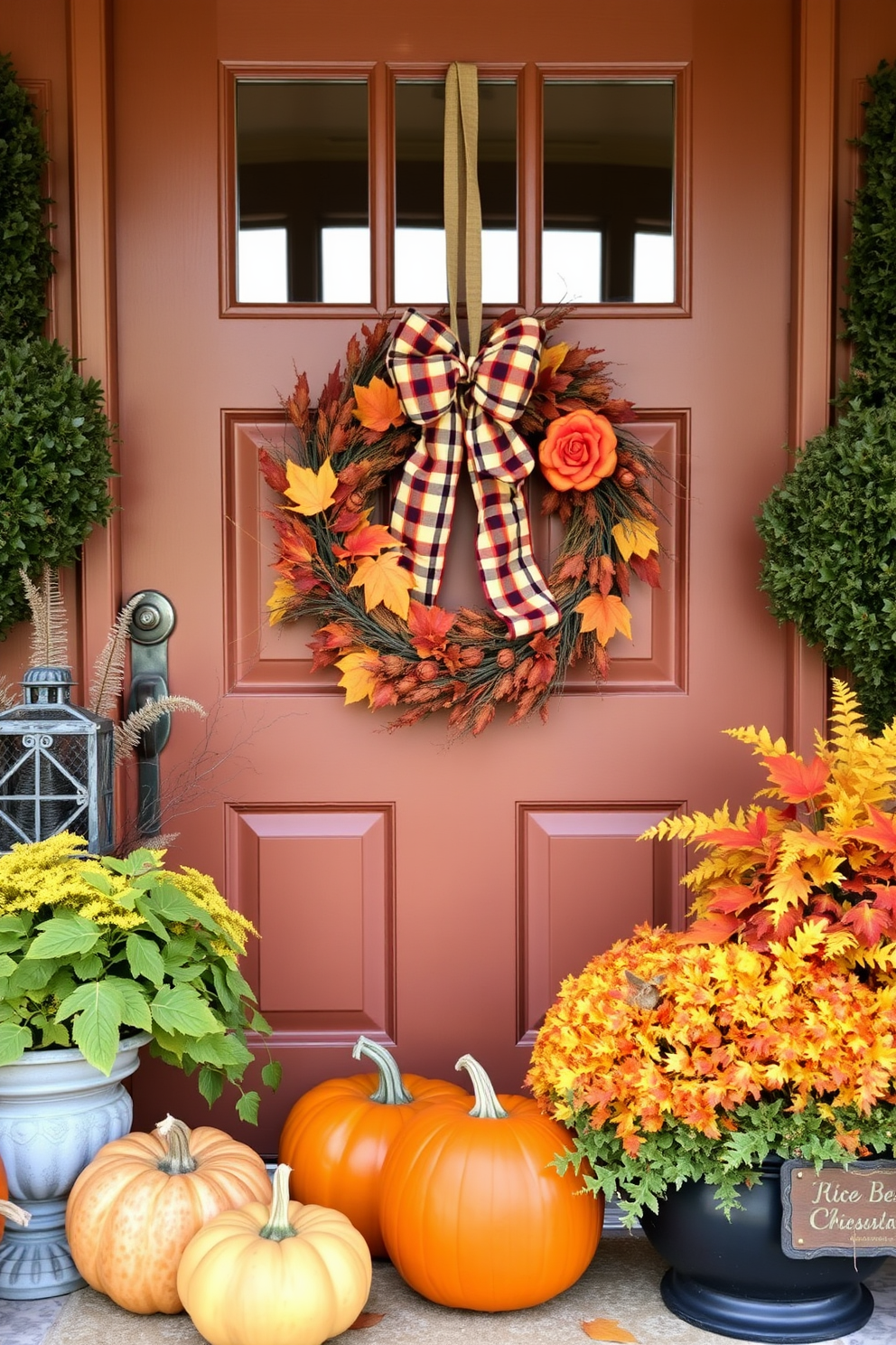 A warm plaid wreath adorned with autumn accents hangs gracefully on the front door. Surrounding the wreath are vibrant pumpkins and seasonal foliage that create a welcoming entrance.