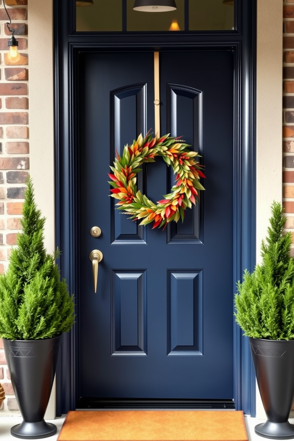 A stunning front entryway featuring layered door arrangements with rich textures. The primary door is a deep navy blue with a sleek finish, complemented by a smaller, textured panel door in a lighter shade of blue. Decorative elements include a wreath of seasonal foliage hanging prominently on the main door. Flanking the entrance are two stylish potted plants that add a touch of greenery and warmth to the overall aesthetic.