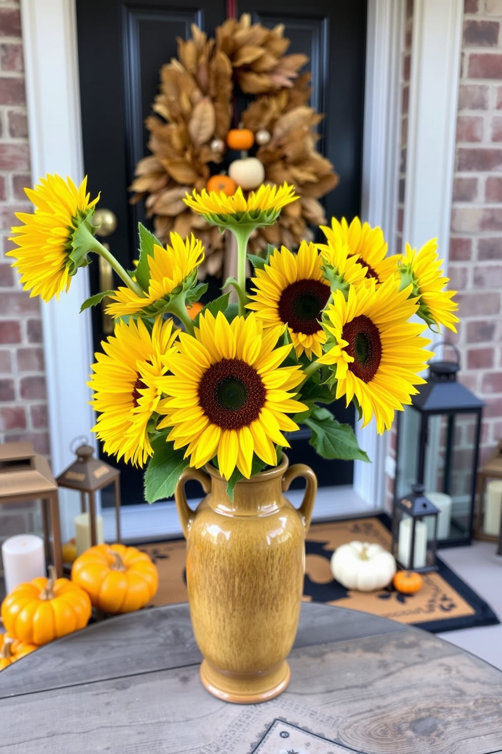 A vibrant sunflower bouquet fills a vintage ceramic vase, showcasing the bright yellow petals that contrast beautifully with the rich green leaves. The vase is placed on a rustic wooden table, welcoming guests with its cheerful and warm presence. The front door is adorned with a charming fall-themed wreath made of dried leaves and small pumpkins. Surrounding the door, decorative elements like lanterns and a cozy doormat create an inviting atmosphere that captures the essence of the season.