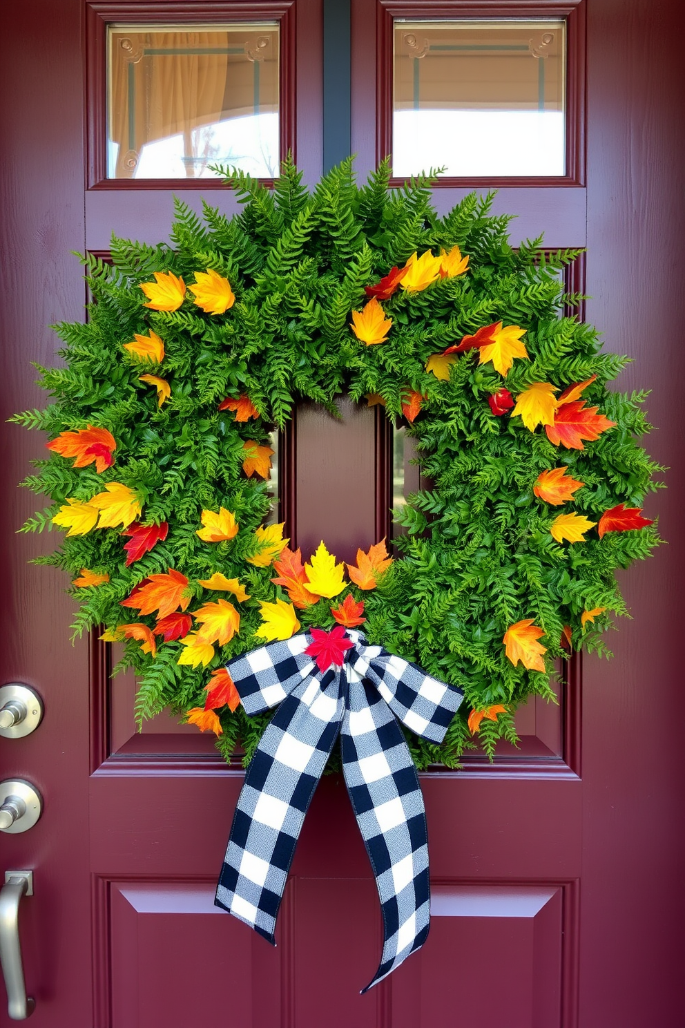 A beautifully decorated front door adorned with a buffalo check ribbon tied around a lush green wreath. The wreath features vibrant fall foliage in shades of orange, yellow, and red, creating a warm and inviting autumn atmosphere.